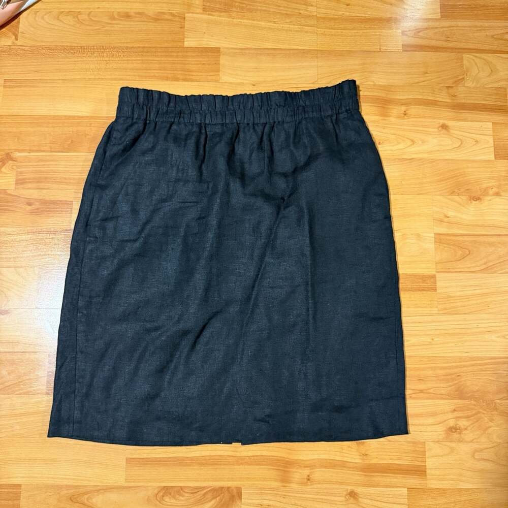 J. Crew 100% Linen Pull-On Skirt Black Elastic Waist Pocket